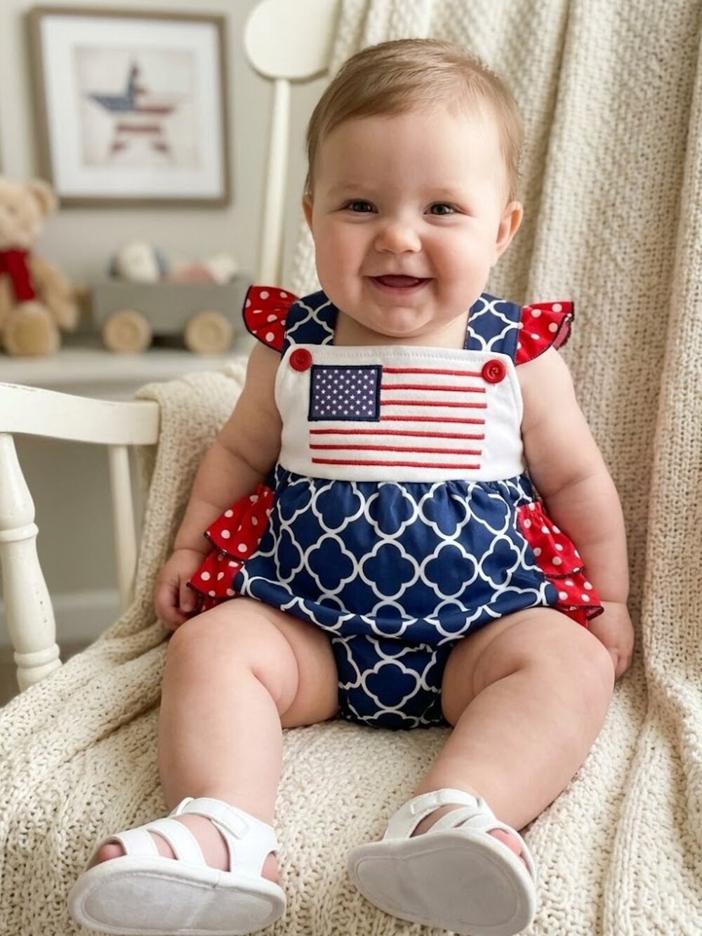 Patriotic Flag Embroidered Ruffled Romper - new